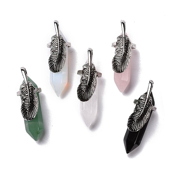 Natural & Synthetic Gemstone Pendants, with Antique Silver Tone Brass Findings, Cadmium Free & Lead Free, Double Terminal Pointed Bullet with Leaf, 44~47x14~15x14~15mm, Hole: 6.2x3.5mm