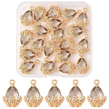 20Pcs Rhinestone Pendants, with Light Gold Alloy Settings, Teardrop with Flower, Crystal, 20x12.5x6mm, Hole: 1.8mm