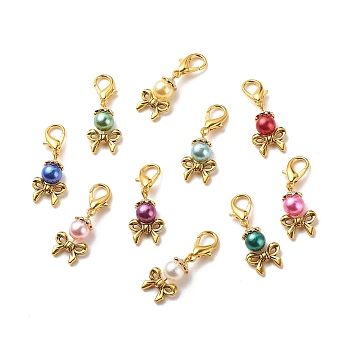 Acrylic Imitation Pearl Pendant Decorations, Lobster Clasp Charms, Clip-on Charms, for Keychain, Purse, Backpack Ornament, Stitch Marker, Bowknot, Mixed Color, 35.5~36mm