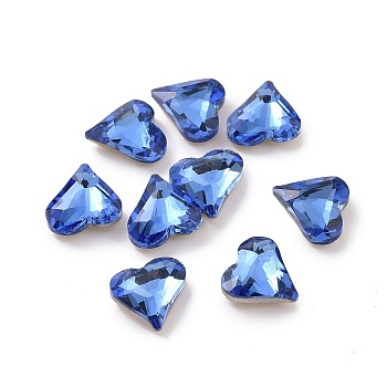 Glass Rhinestone Cabochons, Pointed Back & Silver Back Plated, Heart, Sapphire, 8x8x3mm