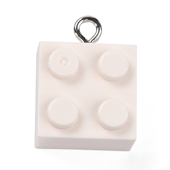 Resin Pendants, with Platinum Iron Loop, Toy Bricks, White, 21x15.5x11mm, Hole: 2.6mm