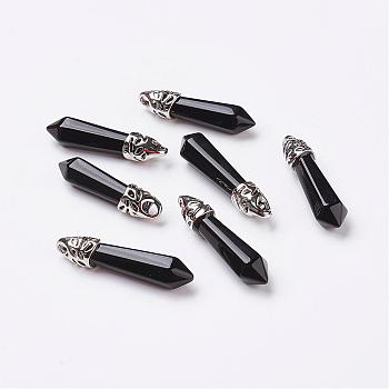 Natural Obsidian Pointed Pendants, with Platinum Tone Alloy Findings, Bullet, 33~40x8~9x8~9mm, Hole: 3x4mm