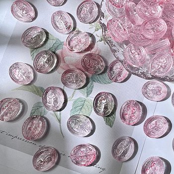 Baking Paint Transparent Glass Beads, Oval with Rose, Pearl Pink, 18x15x6mm, Hole: 1.4mm