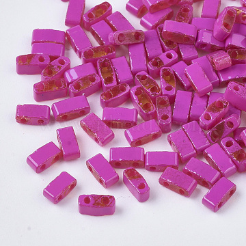 2-Hole Glass Seed Beads, Opaque Spray Painted or Transparent Spray Painted, Rectangle, Magenta, 4.5~5.5x2x2~2.5mm, Hole: 0.5~0.8mm(SEED-S023-34B-04)
