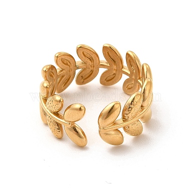 PVD Vacuum Plating 304 Stainless Steel Leafy Branch Open Cuff Ring for Women(RJEW-P081-01G)-3