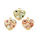Alloy with Enamel Pendants, Heart with Flower Charms, with Colorful Rhinestone, Long-Lasting Plated, Rack Plating, Golden, Mixed Color, 17x15.5x5mm, Hole: 1.7mm(RB-CBA1FD3-18G)