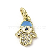 Brass Micro Pave Cubic Zirconia Charms, with Enamel, with Jump Ring, Real 18K Gold Plated, Hamsa Hand/Hand of Miriam with Evil Eye, Deep Sky Blue, 13x9x1.8mm, Hole: 3.8mm(KK-E092-25G-02)