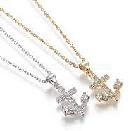Brass Micro Pave Cubic Zirconia Pendant Necklaces, with 304 Stainless Steel Cable Chains, Anchor, Mixed Color, 17.5 inch(44.5cm), 1.5mm(NJEW-I230-09)