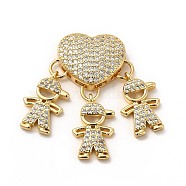 Rack Plating Brass Micro Pave Cubic Zirconia Pendants, Cadmium Free & Lead Free, Real 18K Gold Plated, Heart & Boy Charm, Clear, 30mm, Hole: 4x1.6mm(KK-E072-01G)
