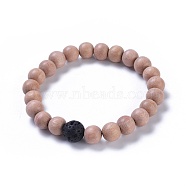 Wood Beaded Stretch Bracelets, with Natural Lava Rock Beads, Round, 2-1/8 inch(53mm)(BJEW-JB05020-05)