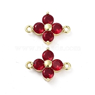 Rack Plating Brass Pave Cubic Zirconia Connector Charms, Flower Links, Real 18K Gold Plated, Long-Lasting Plated, Lead Free & Cadmium Free, Red, 13.5x10x4mm, Hole: 1mm(KK-H474-20G-04)