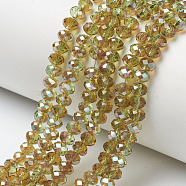Electroplate Glass Beads Strands, Half Plated, Rainbow Plated, Faceted, Rondelle, Dark Khaki, 4x3mm, Hole: 0.4mm, about 123~127pcs/strand, 16.5~16.9 inch(42~43cm)(EGLA-A034-T4mm-J02)