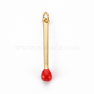 Brass Enamel Pendants, with Jump Ring, Cadmium Free & Nickel Free & Lead Free, Match, Real 16K Gold Plated, Red, 30x4.5mm, Jump Ring: 5x1mm, 3mm inner diameter(KK-S362-032C-NR)