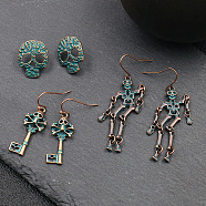 Punk Rock Style Halloween Alloy Earrings Sets, Skull & Human Skeleton & Skeleton Key, Green Patina, Red Copper, 20x16mm, 40x13mm, 59x15mm, 3pairs/set(X-EJEW-F238-27)