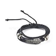 PU Leather & Waxed Cords Triple Layer Multi-strand Bracelets, Braided Adjustable Bracelet Alloy Wing, Black, Inner Diameter: 2-3/8~3-1/8 inch(5.9~8cm)(BJEW-G709-05B)