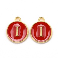 Golden Plated Alloy Enamel Charms, Cadmium Free & Lead Free, Enamelled Sequins, Flat Round, Red, Letter.I, 14x12x2mm, Hole: 1.5mm(ENAM-S118-03I)