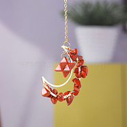 Natural Red Jasper Chip Wire Wrapped Metal Moon Hanging Ornaments, Gemstone Merkabah Charm for Home Outdoor Decoration, 250mm(PW-WG29186-02)