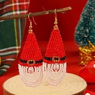 Fashionable Christmas Style Glass Seed Beads Hat Dangle Earrings, Red, 78x30mm(EC3493)