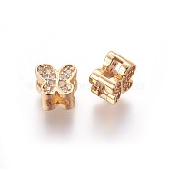 Brass Micro Pave Cubic Zirconia Slide Charms, Butterfly, Clear, Golden, 7x8x5.5mm, Hole: 2x5mm(ZIRC-E161-36G)