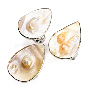 Freshwater Shell with Pearl Adjustable Finger Rings for Girl Women, Platinum Brass Rings, Teardrop, 4mm, Inner Diameter: 18mm, Teardrop: 30~34x20~24mm(AJEW-Z010-03C-P)
