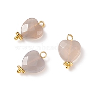 Natural Grey Agate Charms, with Golden Tone Brass Findings, Faceted Heart, 15x10x5mm, Hole: 1.6mm(PALLOY-JF01863-04)