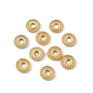 Brass Spacer Bead, Flat Round with Gear Lace, Real 18K Gold Plated, 8x1.8mm, Hole: 2.3mm(KK-WH0046-60B)