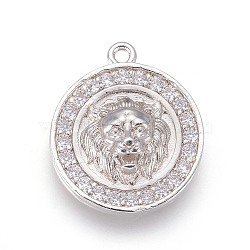Brass Micro Pave Cubic Zirconia Pendants, Long-Lasting Plated, Flat Round with Lion Head, Clear, Platinum, 18x16x4mm, Hole: 1.2mm(KK-F809-08P)