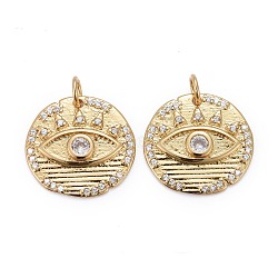 Brass Micro Pave Clear Cubic Zirconia Pendants, Long-Lasting Plated, with Jump Rings, Flat Round with Horse Eye, Real 18K Gold Plated, 16x17x2mm(ZIRC-Z011-13G)