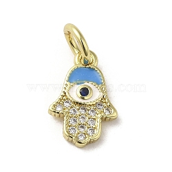 Brass Micro Pave Cubic Zirconia Charms, with Enamel, with Jump Ring, Real 18K Gold Plated, Hamsa Hand/Hand of Miriam with Evil Eye, Deep Sky Blue, 13x9x1.8mm, Hole: 3.8mm(KK-E092-25G-02)