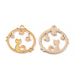 Alloy Enamel Pendants, Flat Round with Cat & Star Charm, Golden, Orange, 23.5x23.5x1.5mm, Hole: 1.5mm(ENAM-M052-04G-E)