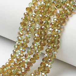 Electroplate Glass Beads Strands, Half Plated, Rainbow Plated, Faceted, Rondelle, Dark Khaki, 4x3mm, Hole: 0.4mm, about 123~127pcs/strand, 16.5~16.9 inch(42~43cm)(EGLA-A034-T4mm-J02)