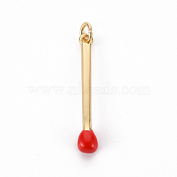 Brass Enamel Pendants, with Jump Ring, Cadmium Free & Nickel Free & Lead Free, Match, Real 16K Gold Plated, Red, 30x4.5mm, Jump Ring: 5x1mm, 3mm inner diameter(KK-S362-032C-NR)