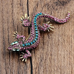 Gecko Rhinestone Brooch Pin, Alloy Badge for Backpack Clothes, Antique Golden, Rose, 28x65mm(PW-WG99E82-02)