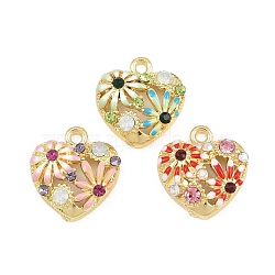 Alloy with Enamel Pendants, Heart with Flower Charms, with Colorful Rhinestone, Long-Lasting Plated, Rack Plating, Golden, Mixed Color, 17x15.5x5mm, Hole: 1.7mm(RB-CBA1FD3-18G)
