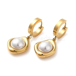 Ion Plating(IP) 304 Stainless Steel Teardrop Dangle Hoop Earrings with ABS Imitation Pearl Beaded, Golden, 35x15mm(STAS-D089-06G)