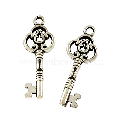 Tibetan Style Alloy Skeleton Key Pendants, Cadmium Free & Lead Free, Antique Silver, 28.3x10x2.5mm, Hole: 2mm, about 454pcs/500g(TIBEP-Q043-014-RS)
