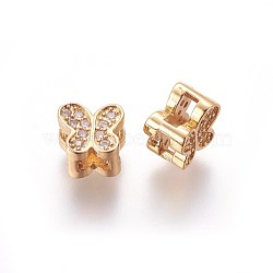 Brass Micro Pave Cubic Zirconia Slide Charms, Butterfly, Clear, Golden, 7x8x5.5mm, Hole: 2x5mm(ZIRC-E161-36G)