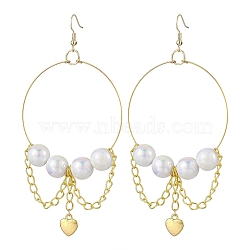 Stainless Steel Acrylic Imitation Pearl Dangle Earrings, Alloy Heart & Iron Chain Tassel Earrings for Women, Golden, 112x54.5mm(EJEW-JE05810)