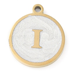 Ion Plating(IP) 201 Stainless Steel Pendants, with White Enamel, Real 18K Gold Plated, Flat Round with Letter, Letter I, 18.5x15.5x2mm, Hole: 1.6mm(STAS-K288-02G-I)