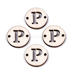 Unfinished Natural Poplar Wood Links Connectors, Laser Cut, Flat Round with Word, Letter.P, 19.5x2.5mm, Hole: 2mm(WOOD-S045-140A-01P)