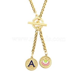 Ion Plating(IP) 304 Stainless Steel Blue Enamel Letter & Eye Pendant Wheat Chain Necklaces, with Toggle Clasps, Golden, Letter A, 20.47~20.87 inch(52~53cm)(STAS-Z102-01G-A)