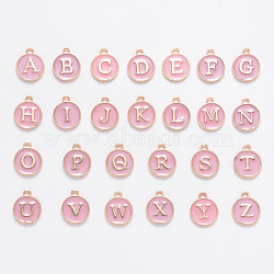 Initial Letter A~Z Alphabet Enamel Charms, Flat Round Disc Double Sided Charms, Pink, 14x12x2mm, Hole: 1.5mm, 26pcs/set(ENAM-X0018-04)