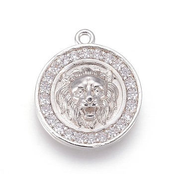 Brass Micro Pave Cubic Zirconia Pendants, Long-Lasting Plated, Flat Round with Lion Head, Clear, Platinum, 18x16x4mm, Hole: 1.2mm