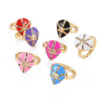 Adjustable Brass Micro Pave Colorful Cubic Zirconia Finger Rings, with Enamel, Nickel Free, Teardrop, Real 16K Gold Plated, Mixed Color, US Size 6 3/4(17mm)