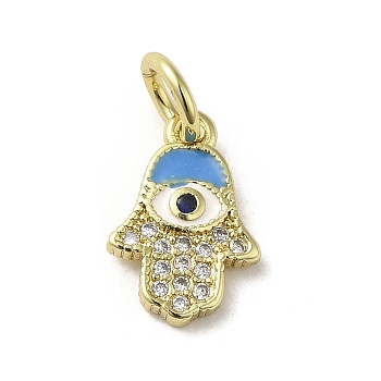 Brass Micro Pave Cubic Zirconia Charms, with Enamel, with Jump Ring, Real 18K Gold Plated, Hamsa Hand/Hand of Miriam with Evil Eye, Deep Sky Blue, 13x9x1.8mm, Hole: 3.8mm