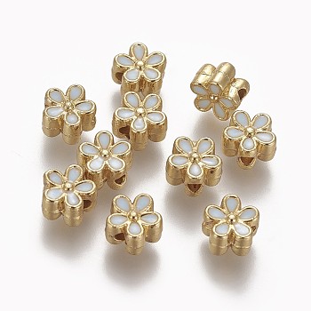 Brass Enamel Beads, Long-Lasting Plated, Flower, Real 18K Gold Plated, WhiteSmoke, 7x3.3mm, Hole: 1.6mm