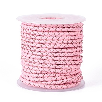Braided Cowhide Cord, Leather Jewelry Cord, Jewelry DIY Making Material, with Spool, Pink, 3.3mm, 10yards/roll