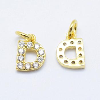 Brass Micro Pave Grade AAA Cubic Zirconia Charms, Letter D, Cadmium Free & Nickel Free & Lead Free, Real 18K Gold Plated, 8x5.5x1.5mm, Hole: 2mm
