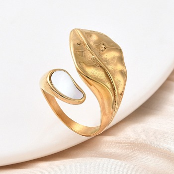 304 Stainless Steel with Shell Cuff Rings, Leaf, Ion Plating(IP), Manual Polishing, Real 18K Gold Plated, 2.5~25mm, Inner Diameter: 17.4mm