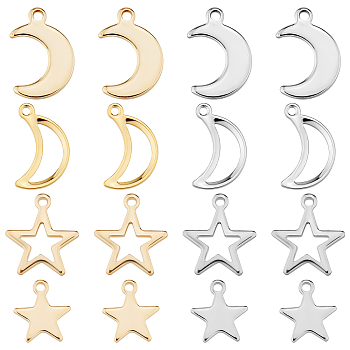 160Pcs 8 Style 304 Stainless Steel Charms, Moon and Star, Golden & Stainless Steel Color, 11.5~16x9~12.5x0.7~1mm, Hole: 1.2~1.5mm, 20pcs/style